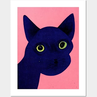 Cat at Night Retro Poster Vintage Art Cat Wall Blue Pink Illustration Posters and Art